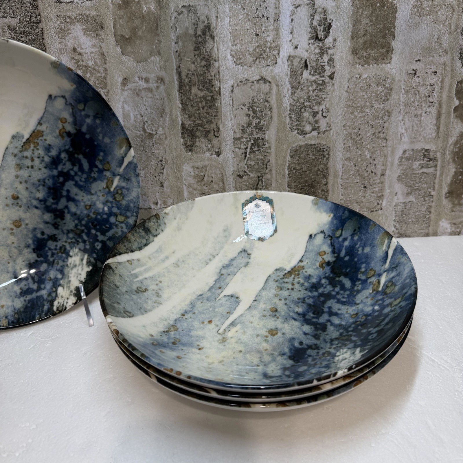 🔥 4 Intesa Home IHM4 9¼" Pasta Soup Dinner Bowls Grey Blue Gold Marble Pristine gallery