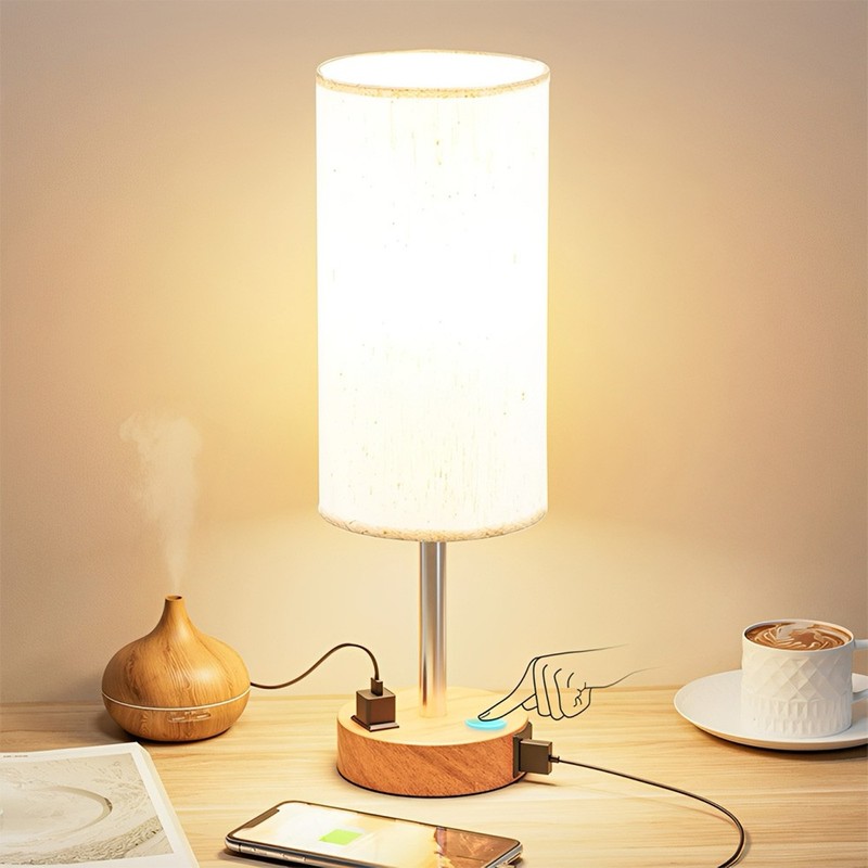 3 Way Touch Bedside Table Lamp USB C AC Outlet Wood Base LED Bedroom Light Shade gallery