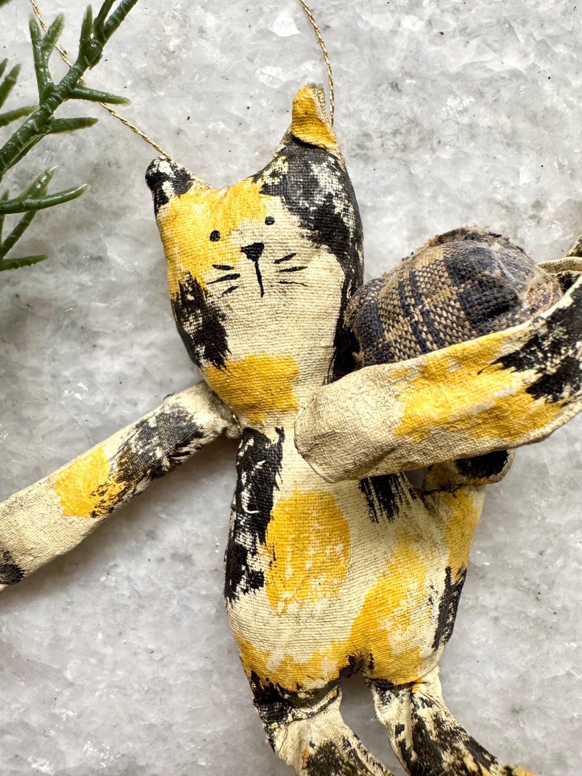 New Handmade Paper Mache Style Fabric Yellow & Black Cat Christmas Ornament - 5” gallery