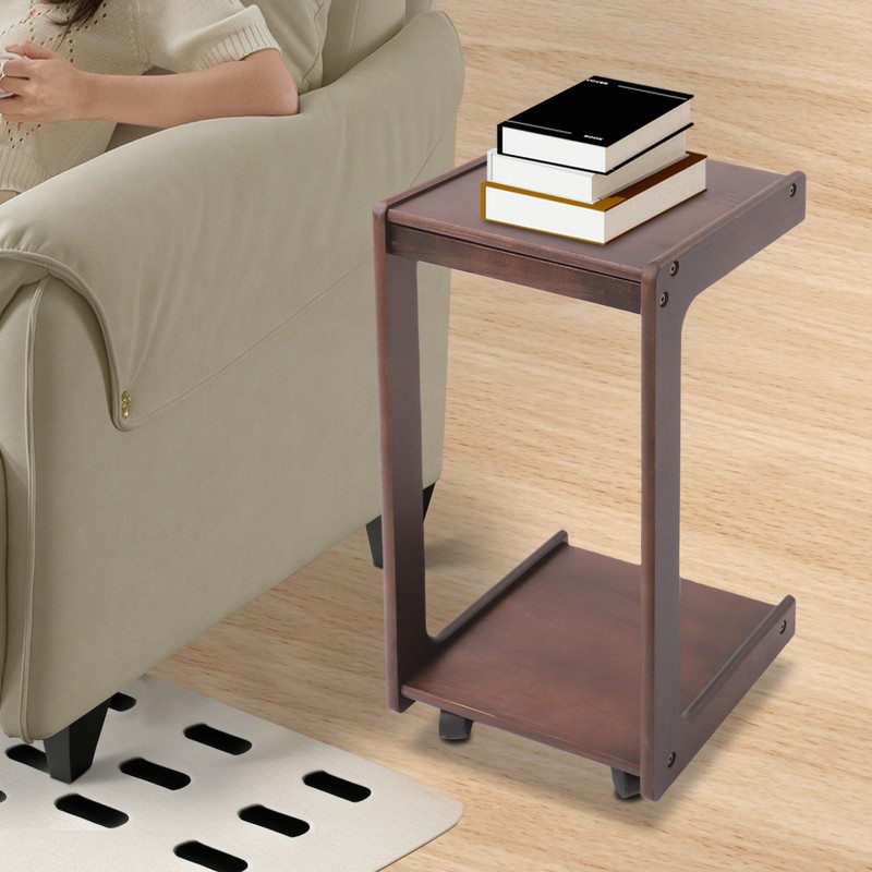 2-tierd Solid Wood Bedside C-shaped Side Table W/ Drawer & Lockable Wheels gallery