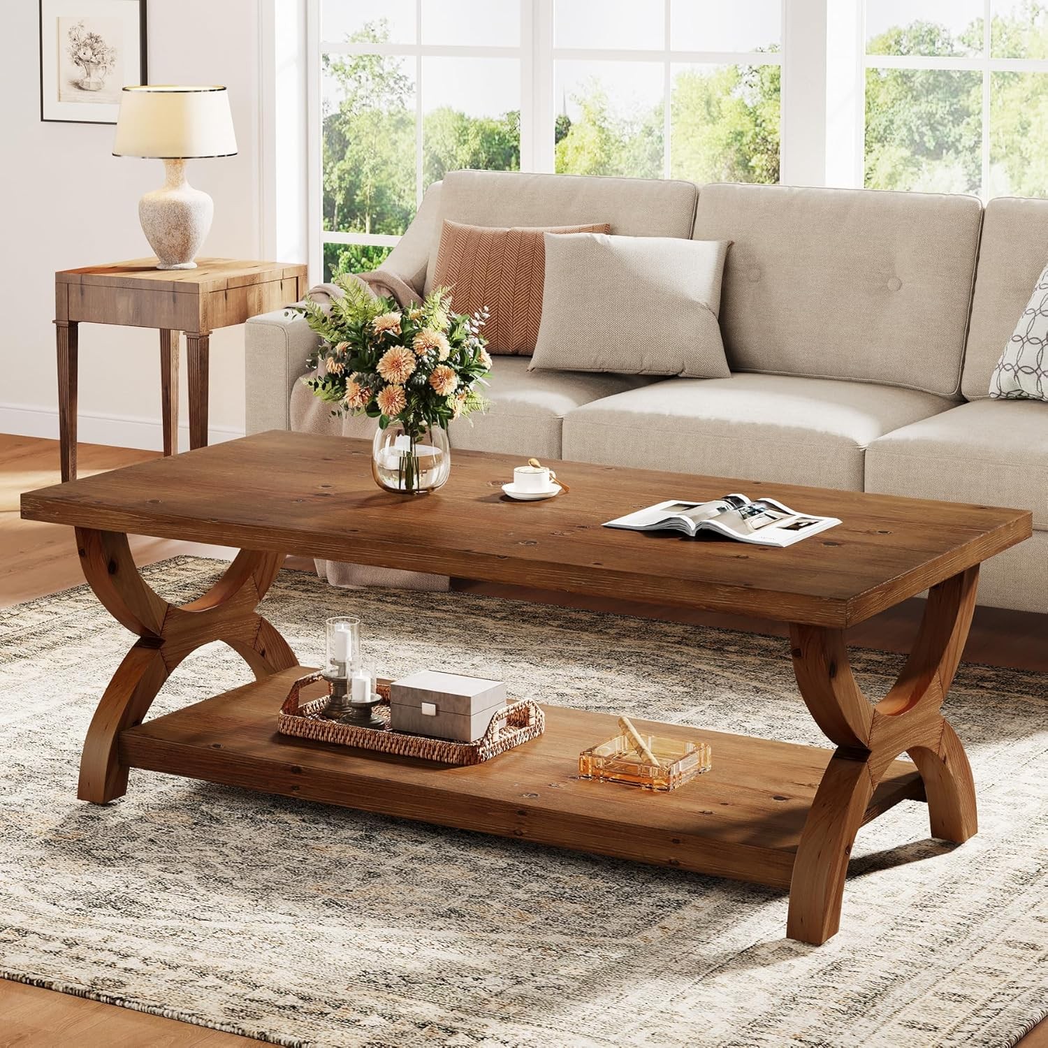 47.2-Inch Rectangle Solid Wood Coffee Table with Storage Shelf for Living Room gallery