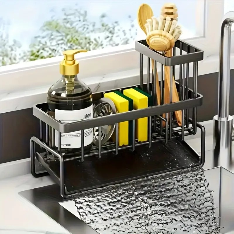 Stainless Steel Kitchen Sink Sponge Organizer Rack with Chopsticks Towel Holder gallery