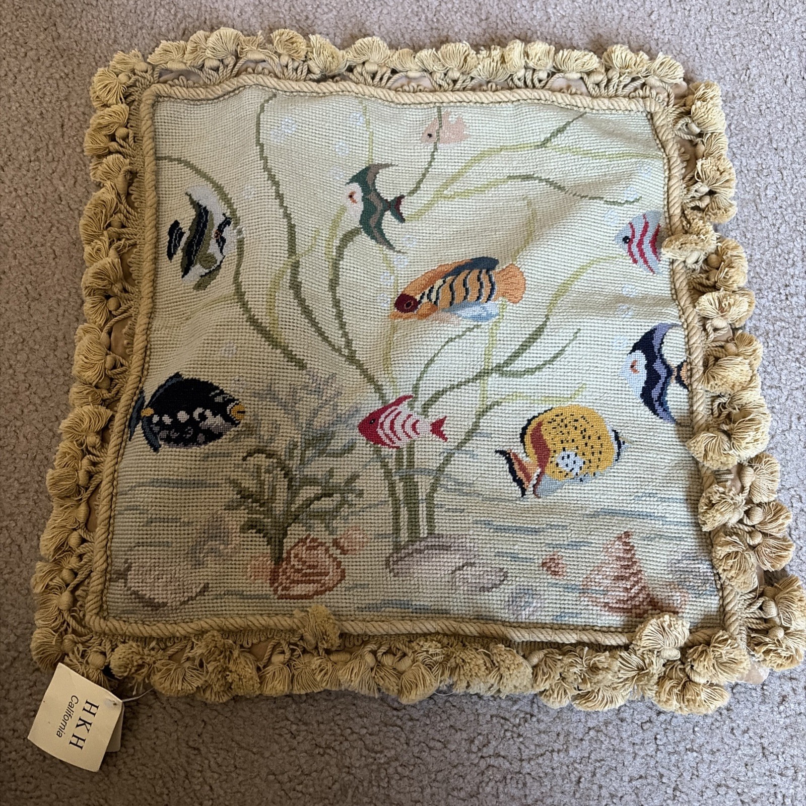 New Needlepoint Pillow Case Cover Fish Coral Sea Shells Beach Decor Tassels 18” gallery