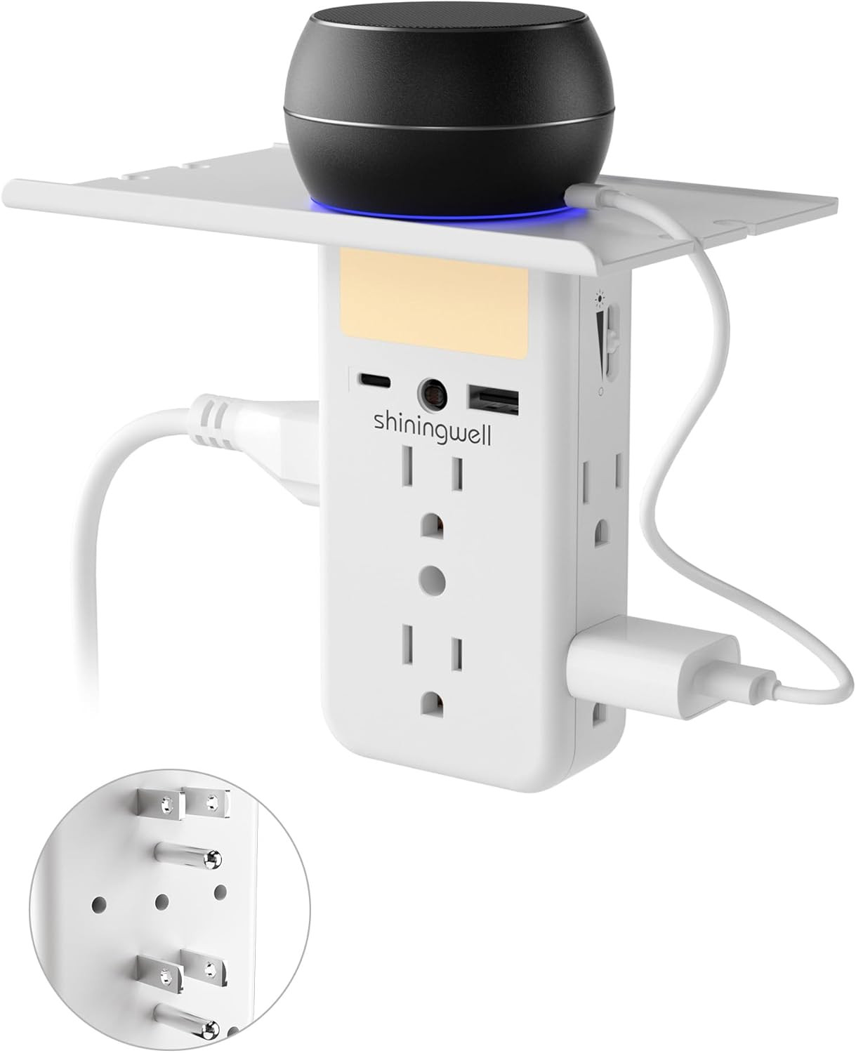 Wall Outlet Extender with Shelf and Night Light, Wall Mount Multi Plug Expander gallery
