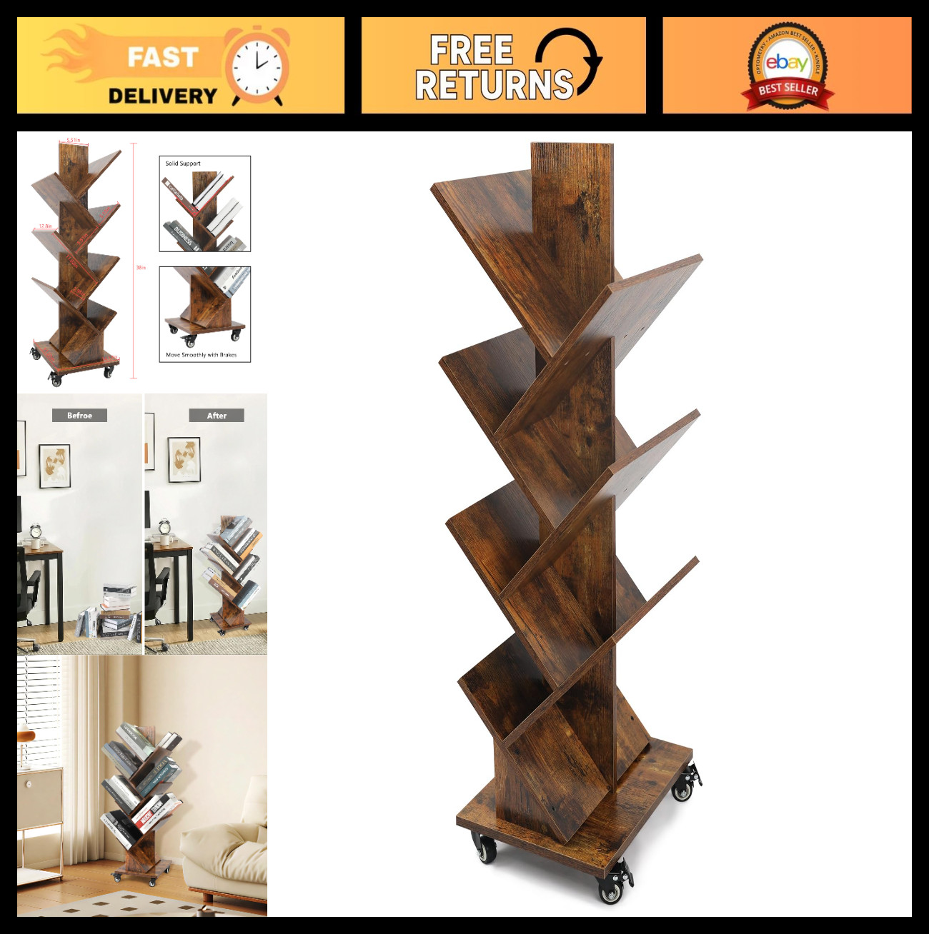 360° Rotating Tree Bookshelf - 7-Tier Space-Saving Bookcase for Small Spaces, Ae gallery