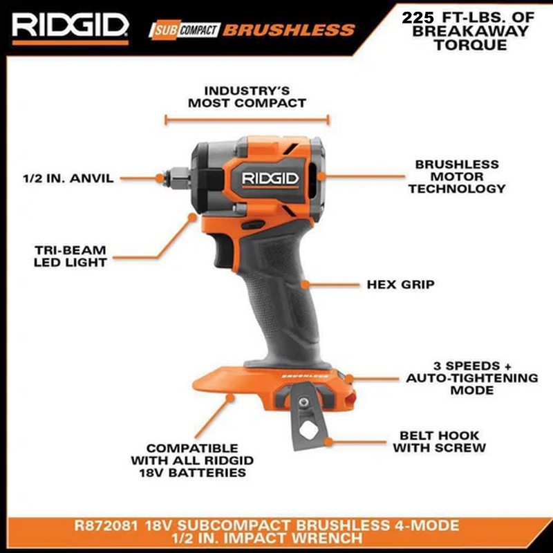 Ridgid R87208B 18V Brushless Impact Wrench 4-Mode 1/2" 225 ft-lbs Torque New gallery