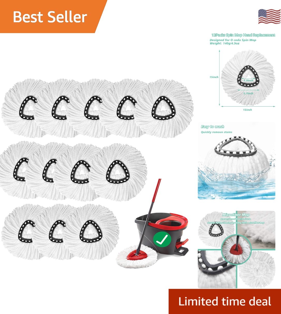 Eco-Friendly Spin Mop Refills - 12PCS Super Absorbent Microfiber Cleaning Heads gallery