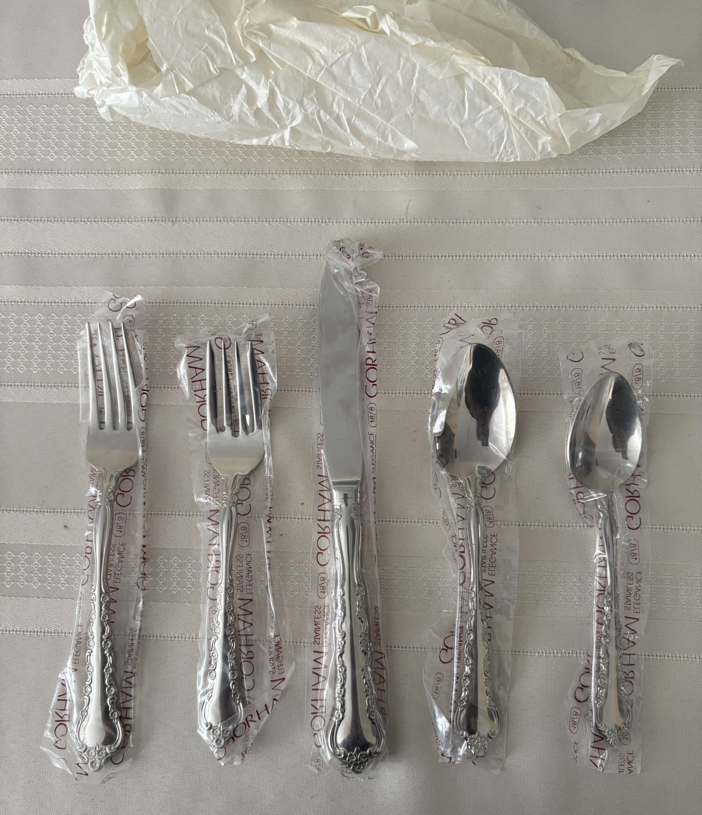 Gorham 18/8 stainless Rondelle 5 piece place setting Brand New In Box 1989 Mint gallery