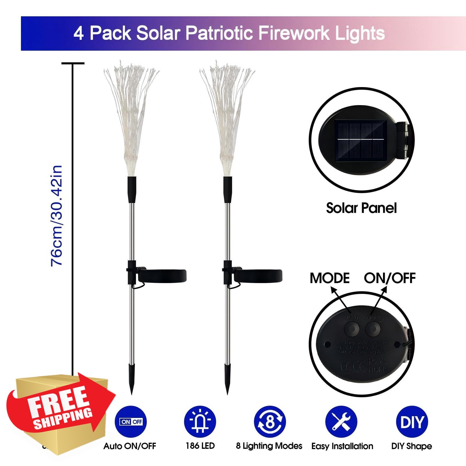 HELESIN 4 Pack 4th July Solar Firework Lights Red White Blue gallery