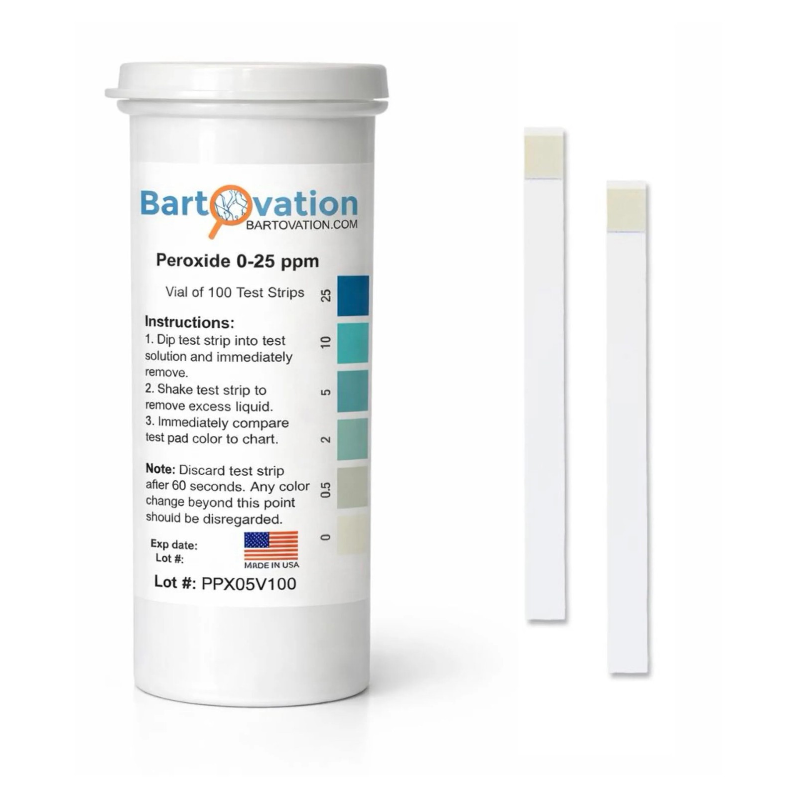 Hydrogen Peroxide H2O2 Test Strips, Low Level, 0-25 ppm [Vial of 100 Strips] gallery