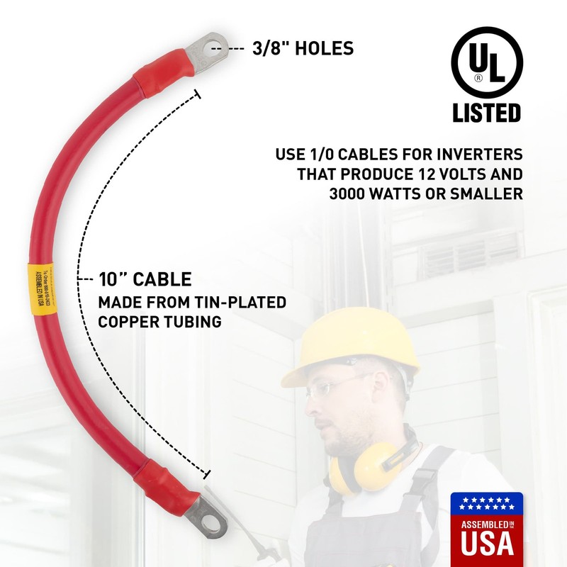 1/0 Red Battery Interconnect Cable 10" with 3/8" Lugs ASSEMBLED IN USA gallery