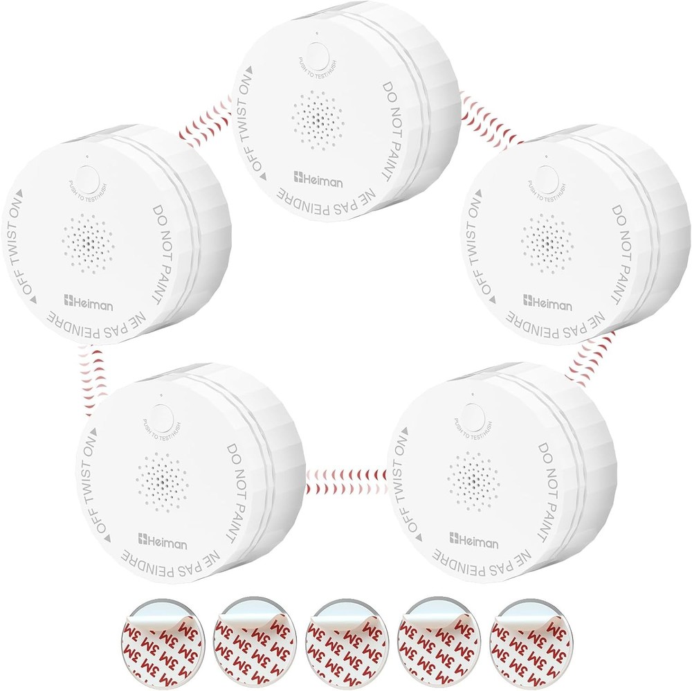 Smoke Detector Wireless Interconnected Battery Operated 5 Pack Heiman UL 10th