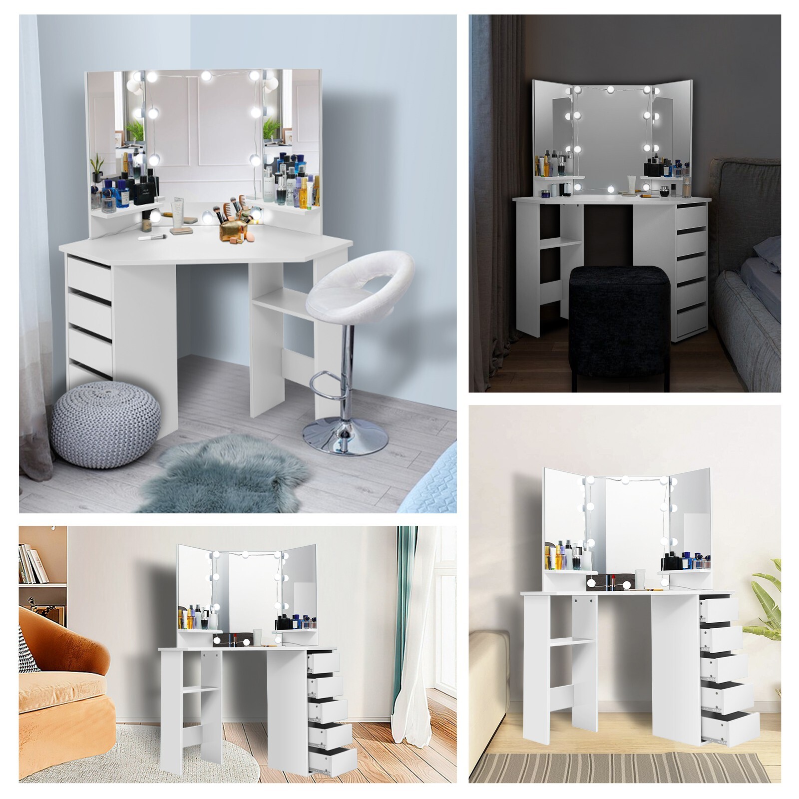 Corner Makeup Vanity Desk Vanity Table w/Lighted Mirror, 5 Drawers Women Girls🎁 gallery