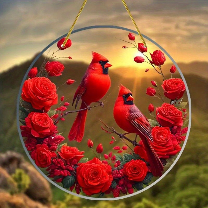 Vintage Acrylic Cardinal Rose Light Catcher Hanging Window Art Gift Bird Lovers gallery