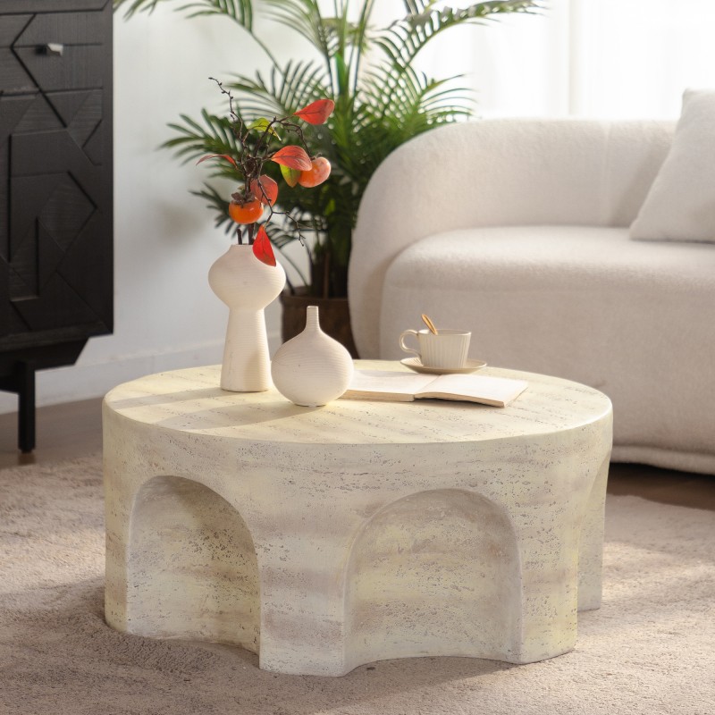 Round Magnesium Oxide Side Table Light Travertine Finish Indoor Outdoor Accent
