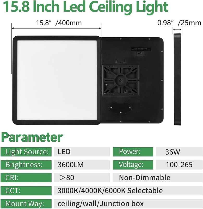 16 In. Square LED Flush Mount Ceiling Light 36W 3600LM 3000K/4000K/6000K CCT New gallery