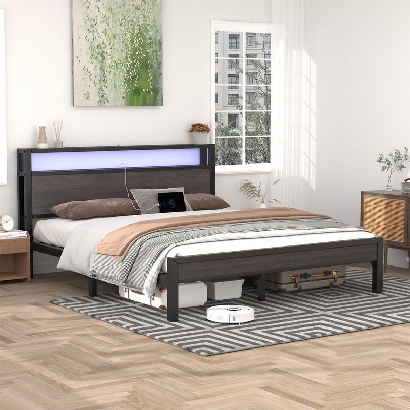 Full/Queen/King Size Bed Frame with LED Lights Headboard and 2-Tier Storage gallery