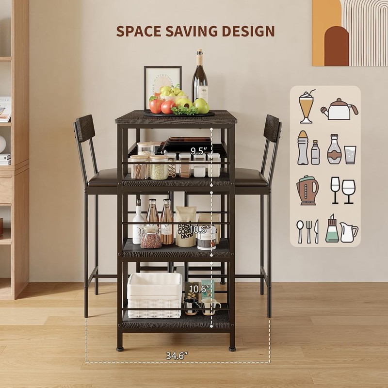 3pcs Dining Table Set for 2 Kitchen Dining Room with 2 Bar Stool and Wine Rack gallery