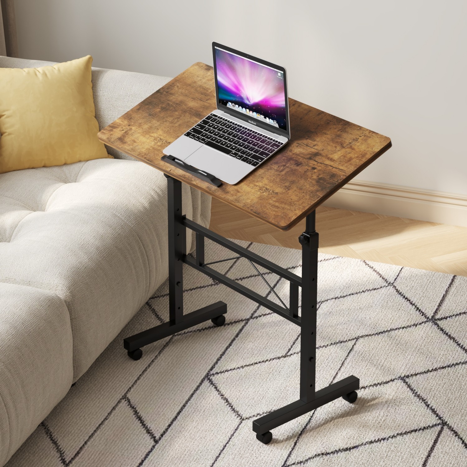Folding Laptop Mobile Standing Desk with Wheels Height Adjustable Rustic Brown gallery