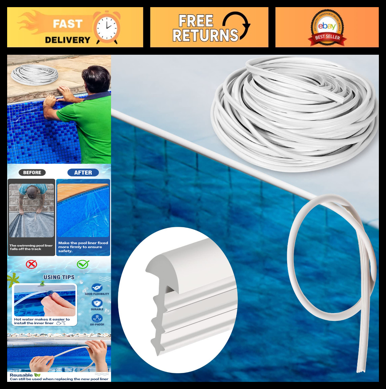 120ft Liner Lock for Inground Pools - Beaded Wedge T-Shape Lock Roll, PVC Patch gallery