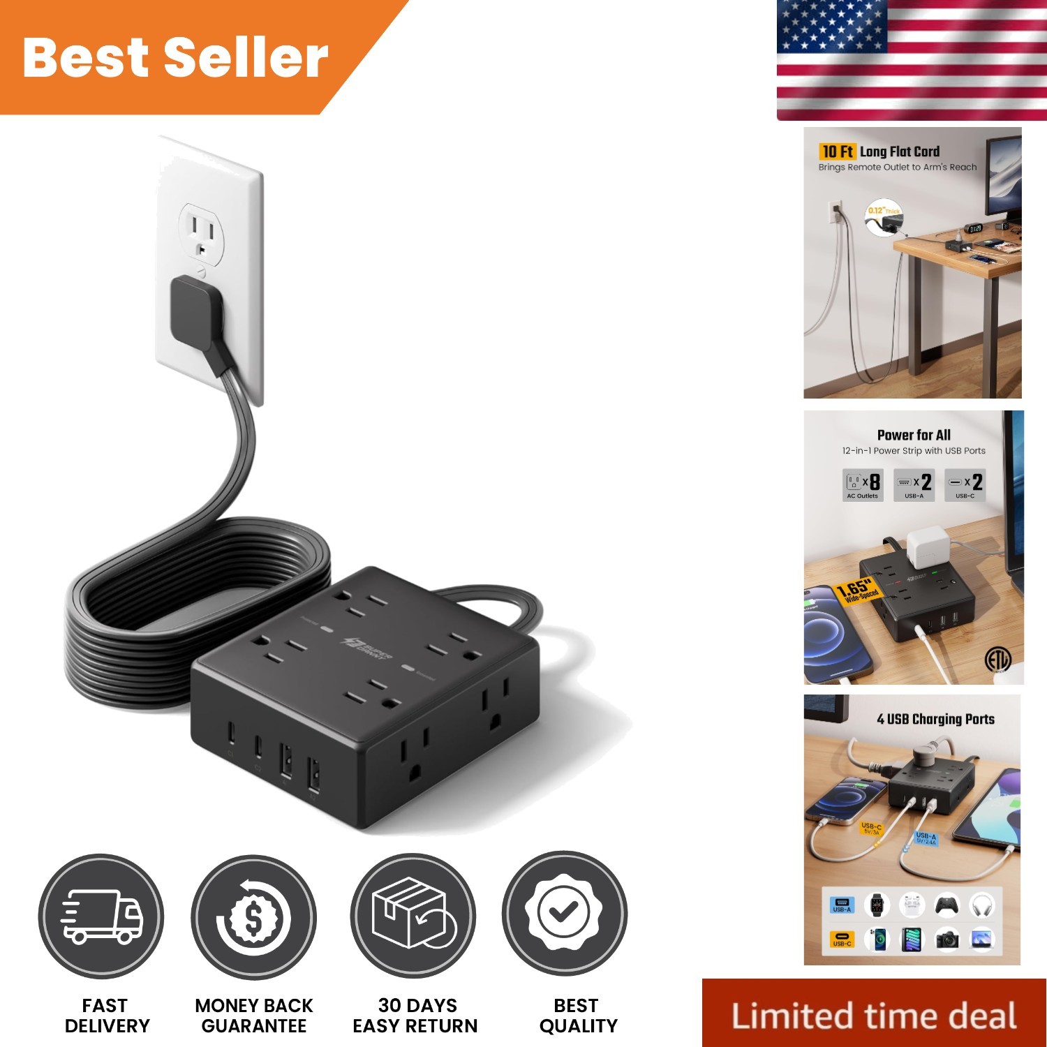 Wall-Mountable 10Ft Power Strip Surge Protector with 8 Outlets & 4 USB Ports gallery
