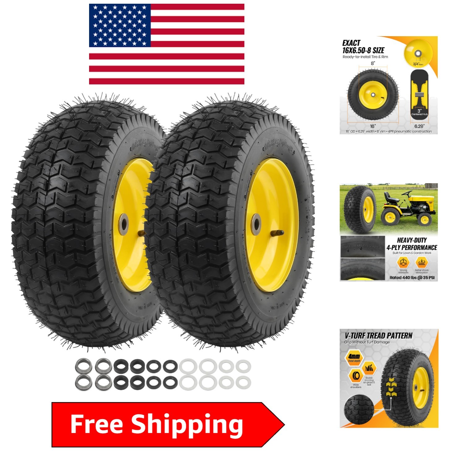 Pneumatic Lawn Mower Tire & Wheel 2-Pack - 3" Hub, Excellent Traction Design gallery