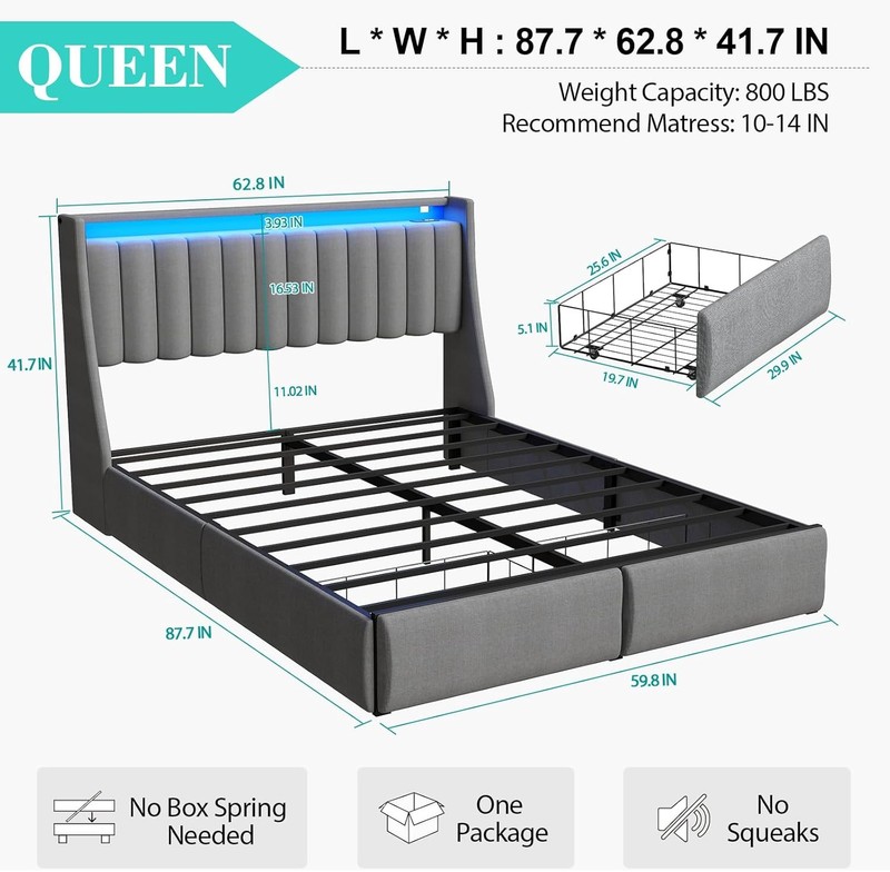 Full Queen Metal Bed Frame with Storage Drawers & Upholstered Storage Headboard gallery
