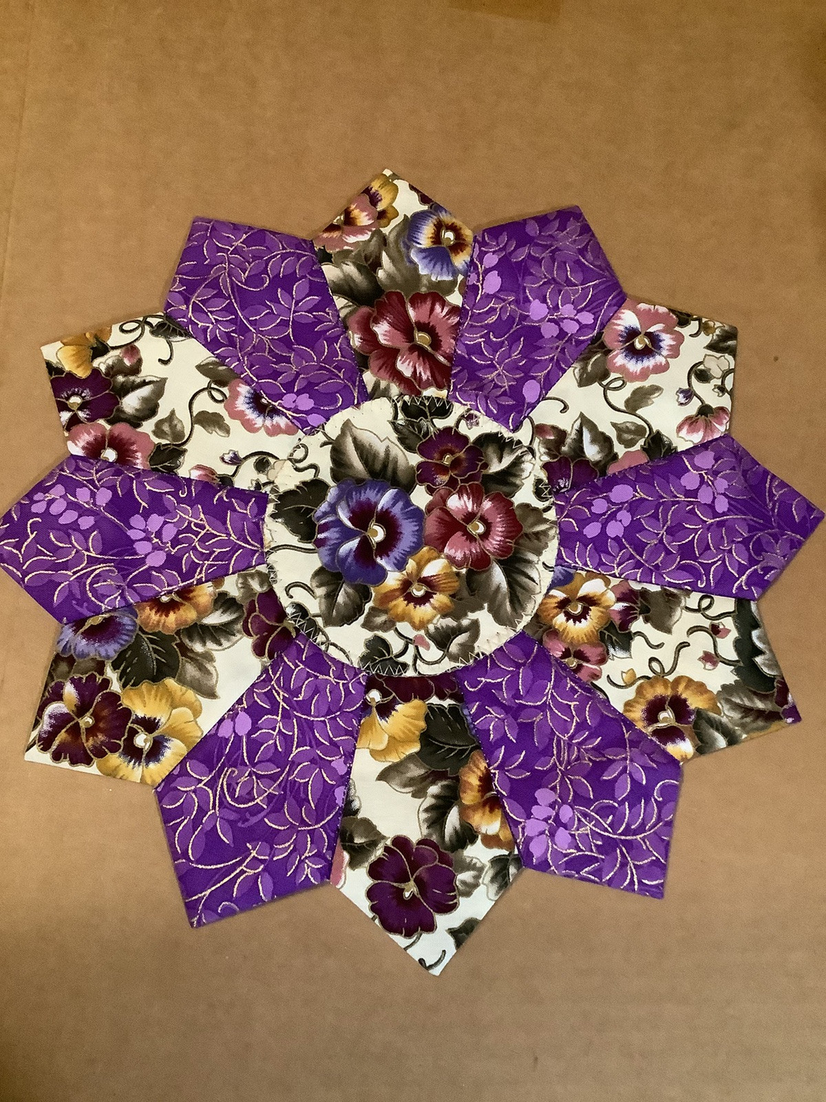 Handmade Quilted 12” Easter Spring Pansies Rustic Farmhouse Table Topper, New gallery