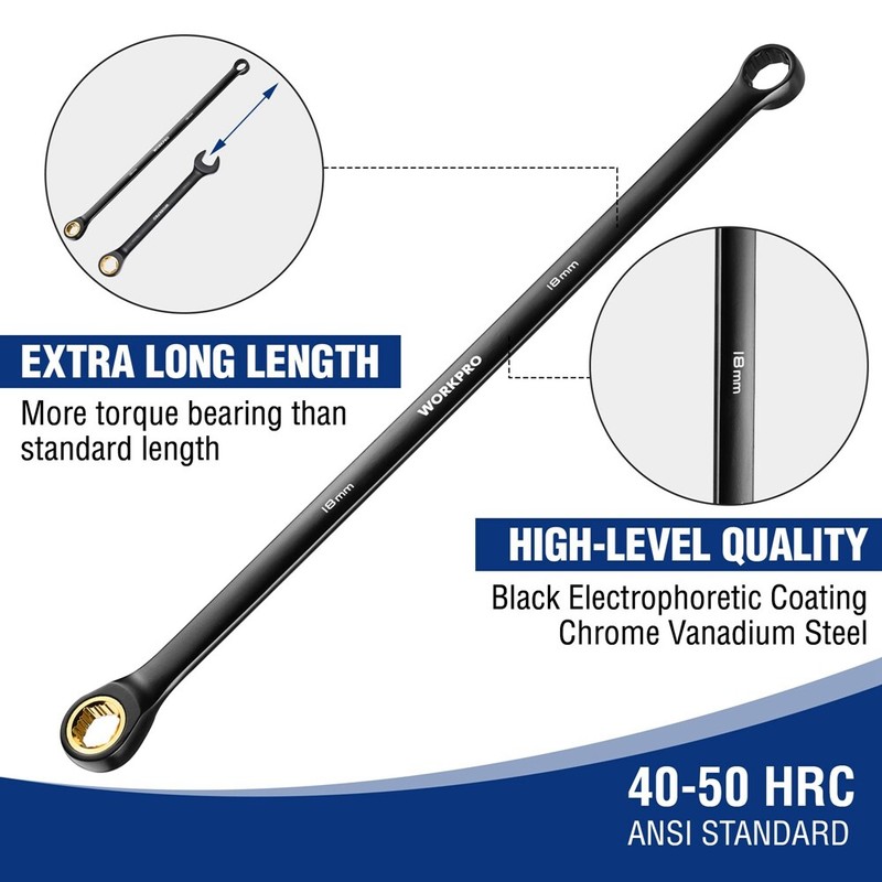 WORKPRO 10PC Extra Long Ratcheting Wrench Set 8-19mm Combination Metric 72-Teeth gallery