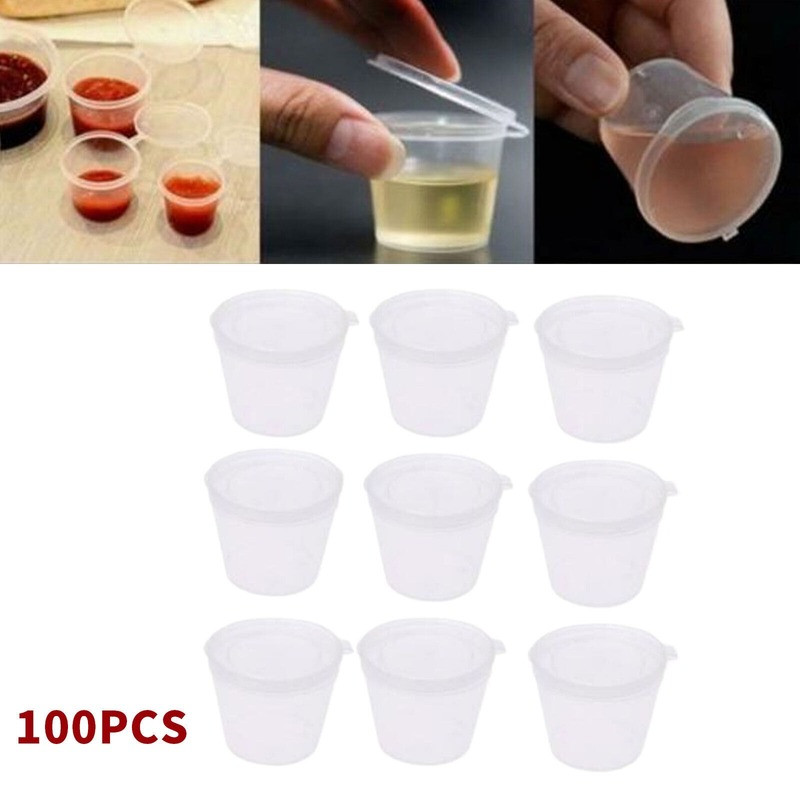 100Pcs/Set Small Plastic Sauce Cups Food Storage Containers Clear Boxes + Lid US gallery