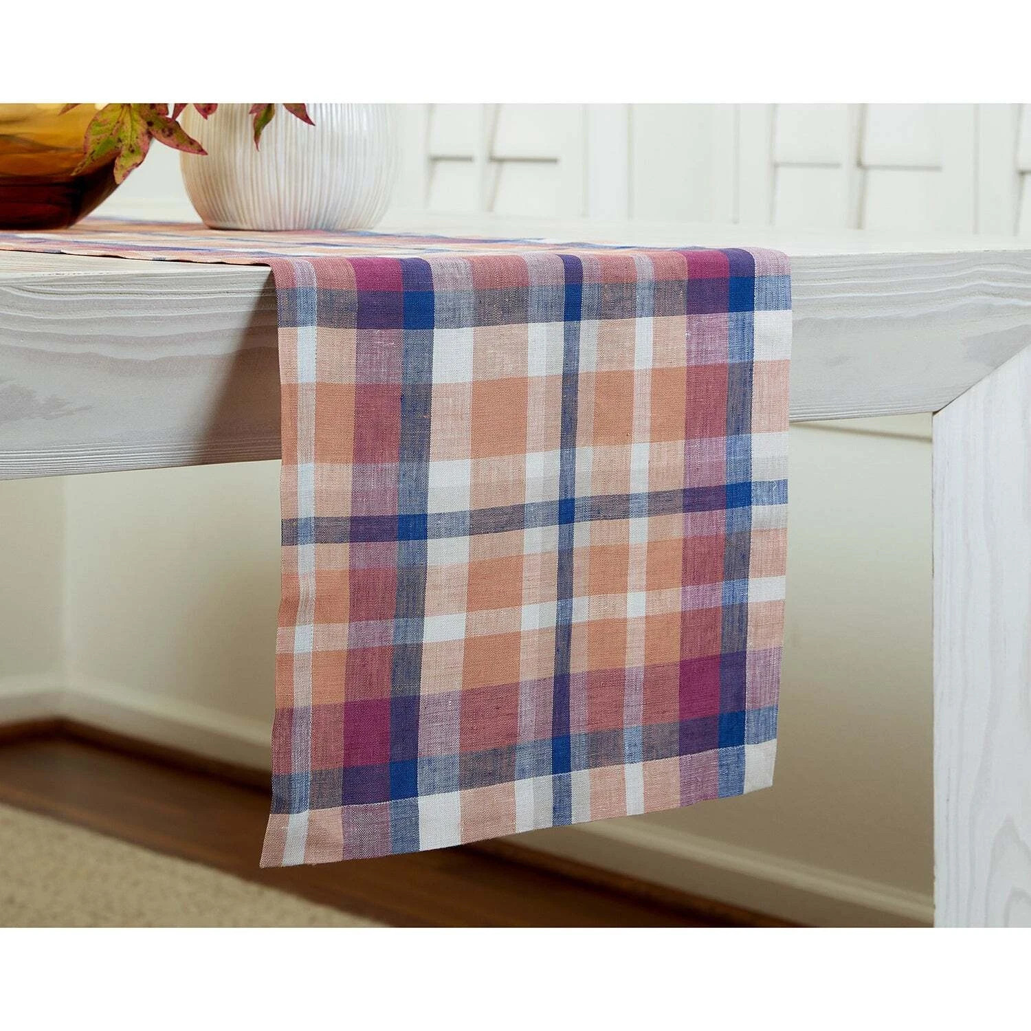 Solino Home 100% Linen Plaid Table Runner - 14 x 48 Inch - Fall Flavors Madras gallery