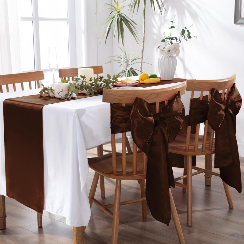 5 Pack Chocolate Brown Satin Table Runners 12 x 108 Inch Bright Satin Silk Ta... gallery