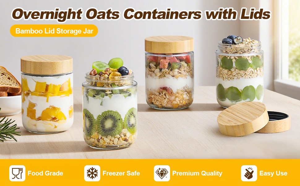 2 Pack 16oz Glass Jars with Bamboo Lids, Overnight Oats Containers with gallery