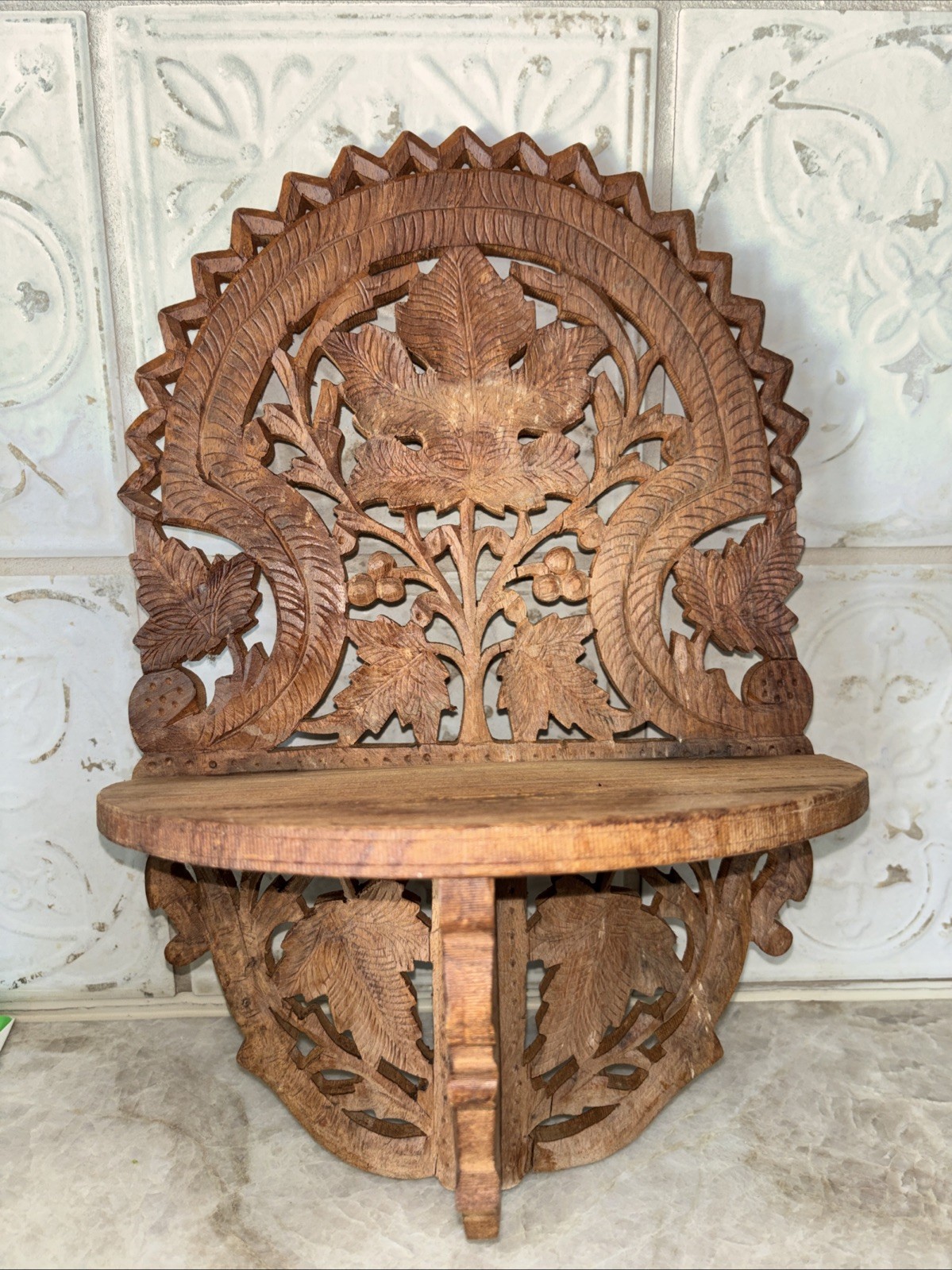 Vintage Collapsible Hand Carved Wall Shelf Decorative Rosewood Sconce 15x10x5.5” gallery