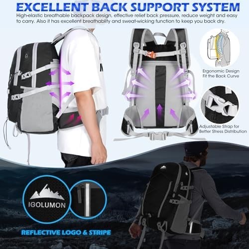 Hiking Backpack, 40L Lightweight Camping Backpack with Rain Cover, Black 4