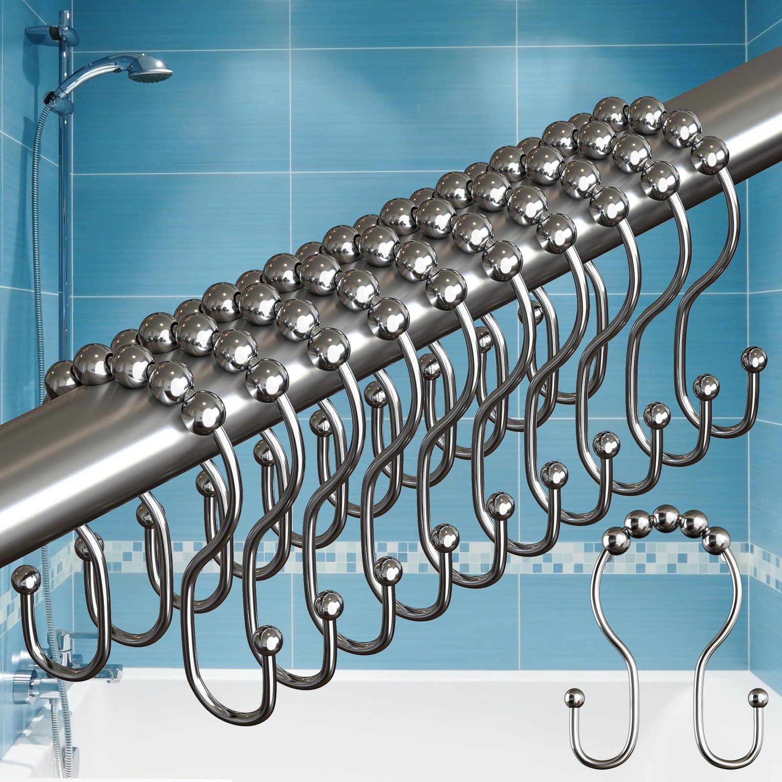 Shower Curtain Hooks - 12 Rust-Resistant Stainless Steel Double Hooks Easy Glide gallery