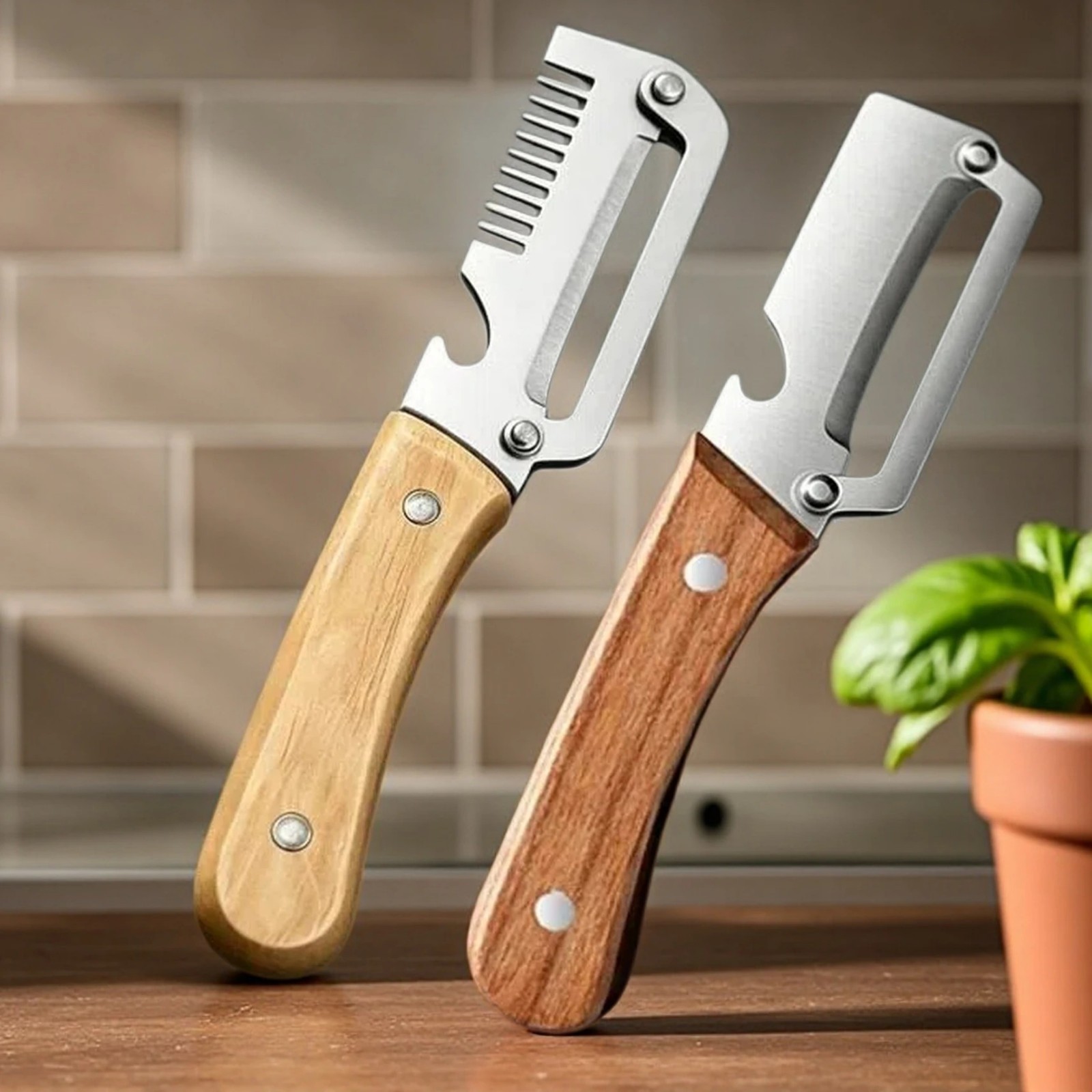 2 PCS 3-in-1 Multifunctional Vegetable Peeler with Wooden HandleJulienne Slicer. gallery