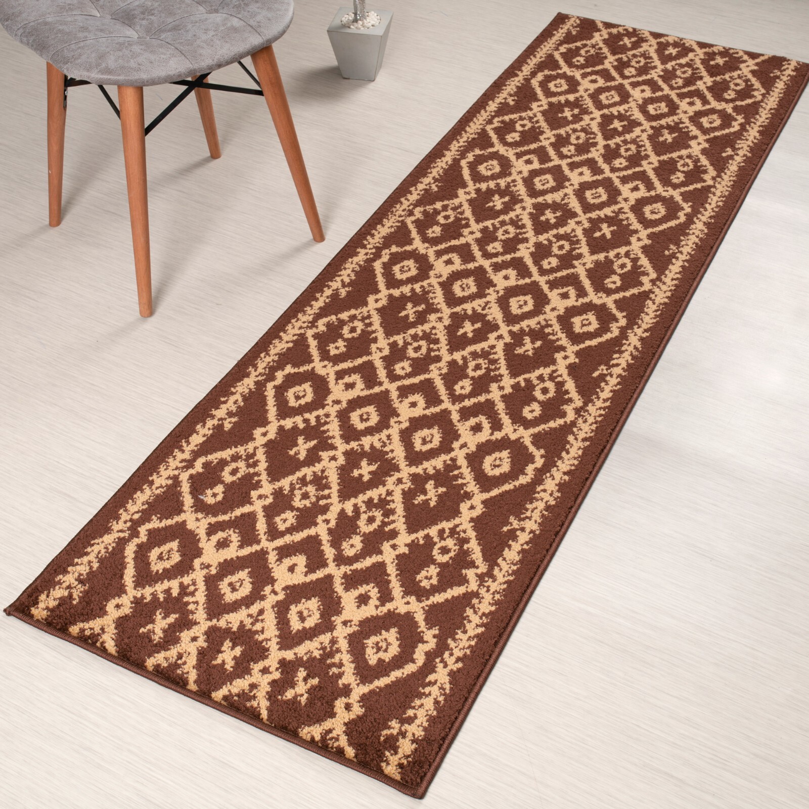 Custom Length Stair Hallway Runner Rug Non Slip Backing, Trellis Brown gallery