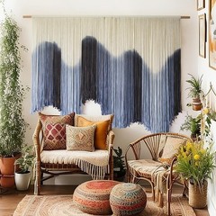 IOWER Macrame Wall Hanging Large Blue Dip Dyed Fiber Art 39″L x 57″W,
