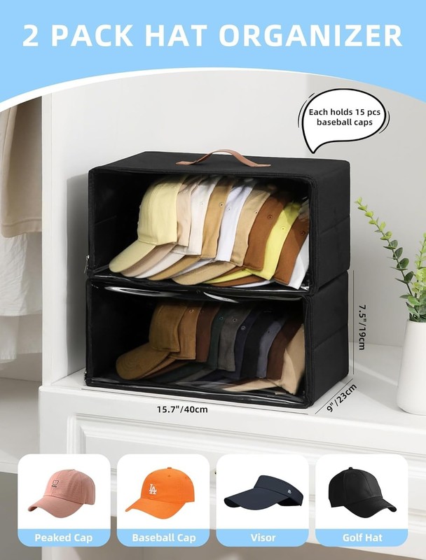 2 Pack Front-Opening Hat Organizer for Baseball Caps, Stackable Rigid Hat Storag gallery