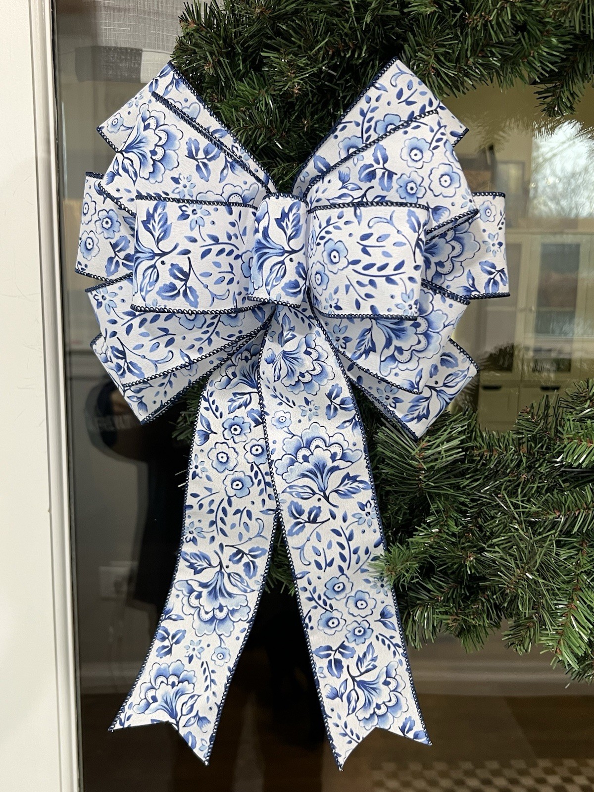 Handmade Large Blue and White Flower Pattern Bow for Wreath 10 x 16 in. gallery