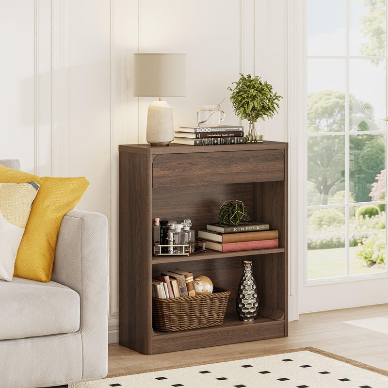 Rustic 3-Tier Bookshelf with Drawer - Modern Wood Storage Unit, Dark Walnut gallery