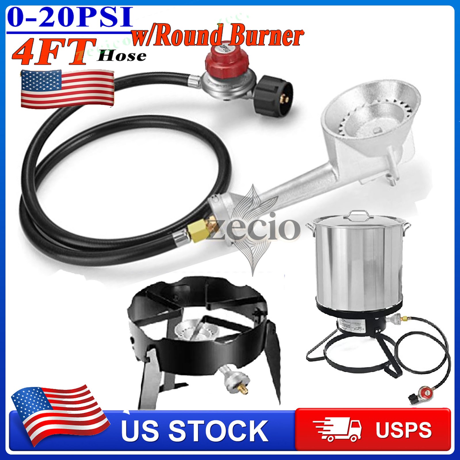 Propane Cast-Iron Round Burner & 4FT 20PSI High Pressure Regulator Hose& Fitting gallery