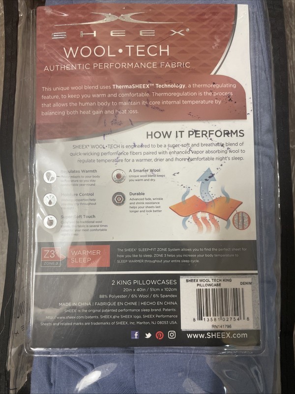 SHEEX Wool Tech King Pillowcases Authentic Performance Fabric Denim Blue Color gallery
