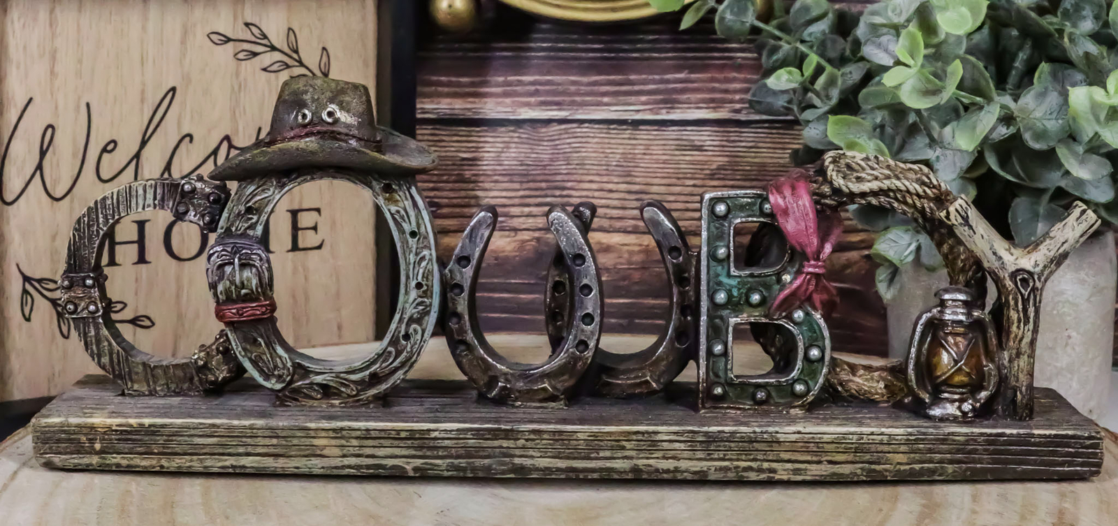 Rustic Western Cowboy Sign Ropes Hat Horseshoes Faux Barnwood Desktop Plaque gallery