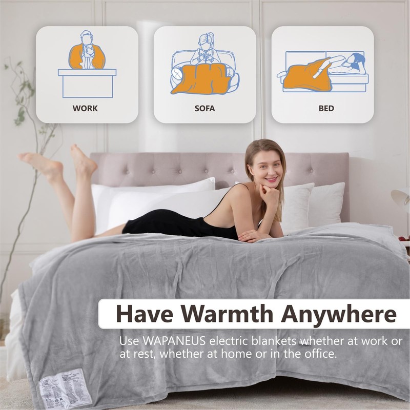 Wapaneus Heated Blanket Electric Throw 72" x 84" Full 72*84in, Light Grey gallery