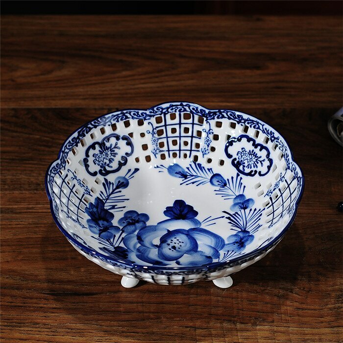 Jingdezhen Pierced Blue White Porcelain Fruit Plate Living Room Tea Table Decor gallery