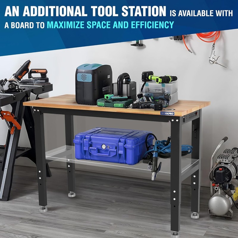 WORKPRO 48" Adjustable Workbench, Rubber Wood Top Heavy-Duty Workstation gallery