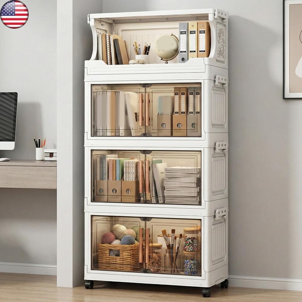 4 Tier Stackable Plastic Storage Bins with Doors and Wheels Foldable Container gallery