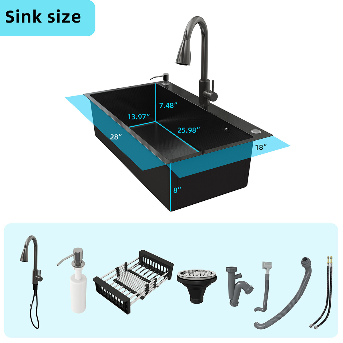 Black Kitchen Sink Stainless Steel Drop In Sinks Top Mount 28"30"32" Single Bowl gallery